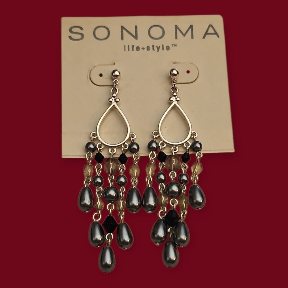 Vtg SONOMA Beaded Teardrop Chandelier Dangle Post Earrings